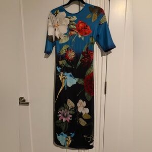 NWT STYLEWE Blue and Black Floral Maxi Dress with Red and White Blooms